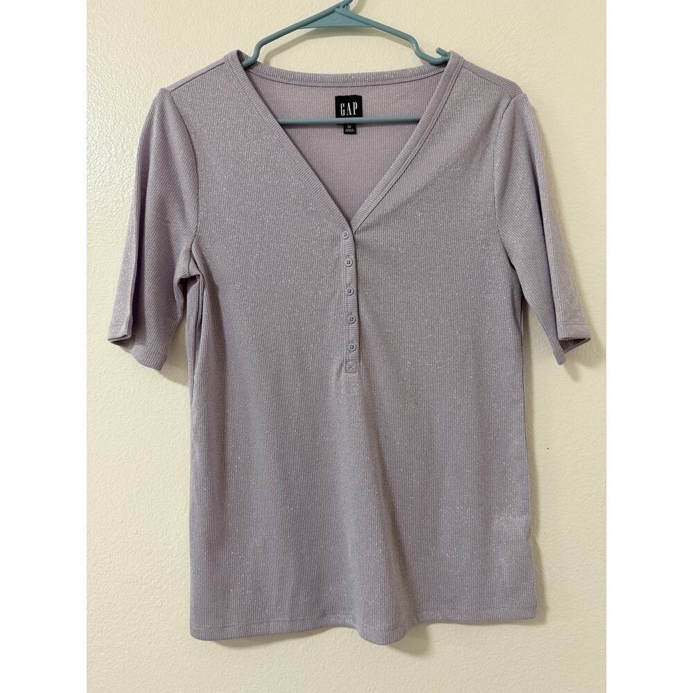 Gap Canyon Rib Purple Lotus V Neck Women’s Shiny Shimmer Blouse Medium Casual